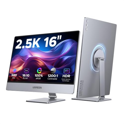 UGREEN 2.5K Monitor Portátil de 16 Pulgadas QHD Pantalla | IPS 2560 1600@165Hz 2 Puertos USB C Mini HDMI HDR400 500 nits Color 100% sRGB Compatible con Mac Portátil PC PS5 Switch