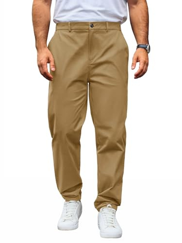 Runcati Chino byxor för män, normal passform, stretch, fritidsbyxor, enfärgade bomull, tygbyxor, långa, lätta arbetsbyxor med elastisk midja, kaki, M