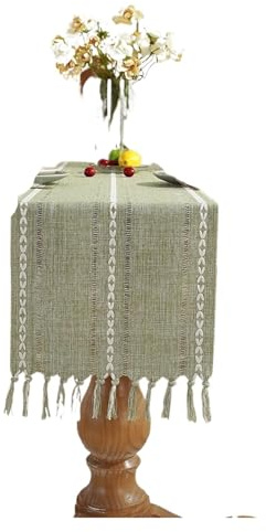 XUCZHAI Caminos de Mesa rústicos con Borla Hecha a Mano, Camino de Mesa de Lino y algodón Tejido Vintage Largo for decoración de Mesa de Comedor de Fiesta(Green,35X270cm)