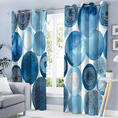 GDJSMIN Cortina con Patrón De Círculo Pintado A Mano, Opaca diseño Patrón De Acuarela, Ligera eficiencia energética, Sala de Estar y Dormitorio,140An x 245Al cm,Azul