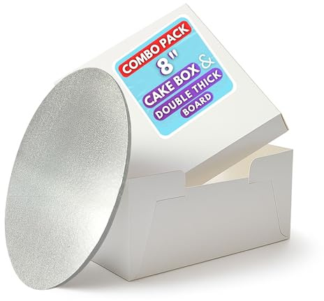 Pack N Trade 8 Inch White Cake Box & 8″ Silver Foil Round Cake Board Combo – 3mm Double Thick MDF Board, Reusable & Sturdy Cake Base, Ideal for Safely Carrying and Transporting Cakes