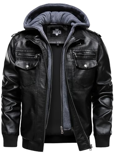 HOOD CREW Men's Faux Leather Hooded Jacket Motorcycle Jackets Water Repellent Windproof PU Moto Vintage Bomber Hoodie Coats Black XL