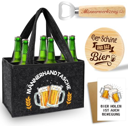 Shining She Männerhandtasche Bier Geschenke für Männer | Filz Flaschentasche 6 Flaschen mit Flaschenöffner Untersetzer Holz Grußkarten,Personalisierte Weihnachten Männertag Geschenke