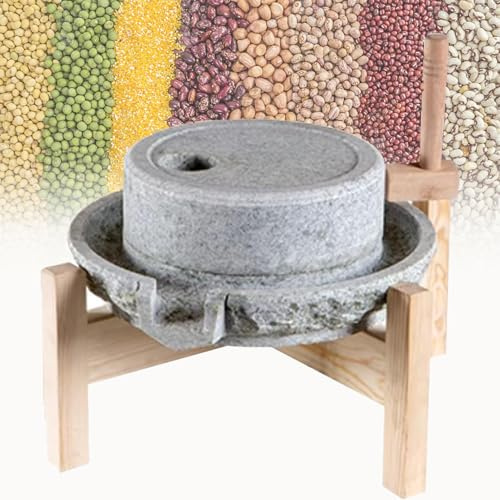 Hand Grain Mill Grinder for Flour, Stone Grain Mill for Wheat, Rice, Beans, Spices, with Wooden Frame for Fresh Paste and Cereal