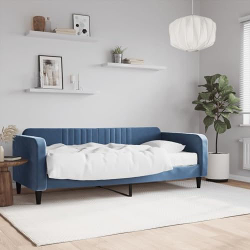 Mandloder Dagsäng med madrass, blå, 90 x 200 cm, sammetsöverdrag, metallram, bäddsoffa för gästrum, enkelsäng, komfortskummadrass ingår