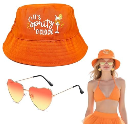 YFCJYBF Apero Spritz Fischerhut mit Orange Herz-Brille – Lustiges Partykostüm Accessoire für Karneval, Fasching, Mottoparty & Cosplay