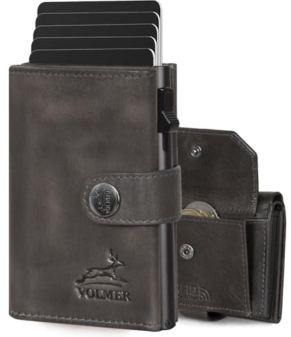 Fa.Volmer ® POP-UP Kartenetui mit Münzfach aus Echtleder für Herren & Damen | 12 Karten | RFID Schutz | Geldbörse VO45P (Basalt Grey, Großes Münzfach)