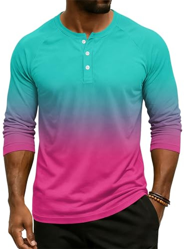 Men’s Crew Neck Fashion Blouses Printed 3 Button Pullover Tops Casual Loose Comfortable 3/4 Sleeve Henley Shirts