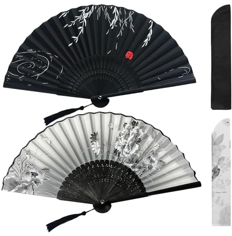 Vesavifaka 2 Stück Handfächer, Seiden Satin Fächer, Chinesischer/Japanischer Fächer, Faltbarer Handfächer, Hohl geschnitzter Bambus Faltfächer, Handventilator für Geschenke, Tanz, Wohnungsdekoration