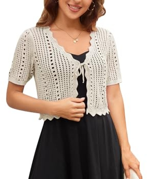 Kate Kasin Womens Cropped Cardigan Summer Hollow Cardigans Short Sleeve V-Neck Knitwear Casual/Beach/Vacation Khaki XL