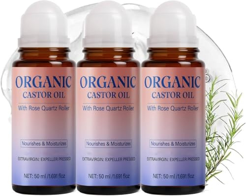 Rizinusöl Kaltgepresst Bio Roll On mit Rosenquarz, Organic Castor Oil Roll On, Bio Rizinusöl Kaltgepresst für Haut, Gesicht, Körper, Haare, Wimpern und Augenbrauen | Glasflasche, 50ml (3PC)
