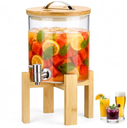Glas Getränkespender 5L – Limonadenbehälter mit Edelstahl Hahn & Bambusständer, BPA-frei, Ideal für Familienparty, Geburtstagsfeier, Outdoor Camping