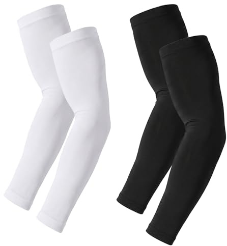 2 Pairs Arm Sleeves UV Protection for Men Women, Compression Gaming Sleeves for Sun Protection, Black White Sport Cooling Sleeves for Basketball, Golf, Fishing, Driving, Tattoo Cover Sleeves