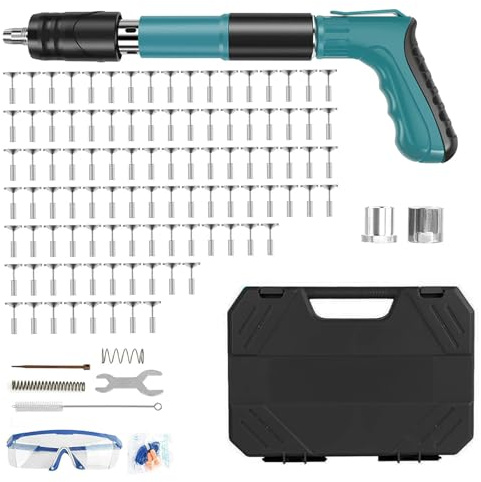 Cloueur Beton avec 100 Clou,Cloueuse avec 5 Niveaux de Réglable,Pistolet à Clous Manuel avec Gants et Lunettes,Pistolet à Ongles Portable,Kit pour Ongles en Béton,pour Murs en Béton,Plafonds (Bleu)