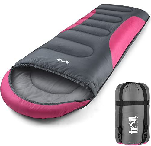 Trail-Alpin-Schlafsack mit Kapuze – 250 g Schlafsack, 3-Jahreszeiten- Schlafsack. Leicht, kleines Packmaß – mit Kapuze und Kompressionssack (Rot)