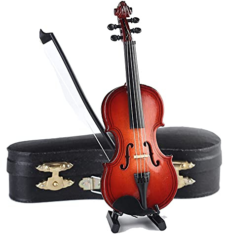 Seawoo - Violon Miniature en Bois avec Support, nœud et étui - Mini Instrument de Musique Miniature Maison de poupée - Décoration de la Maison 5.63x2.05x0.75