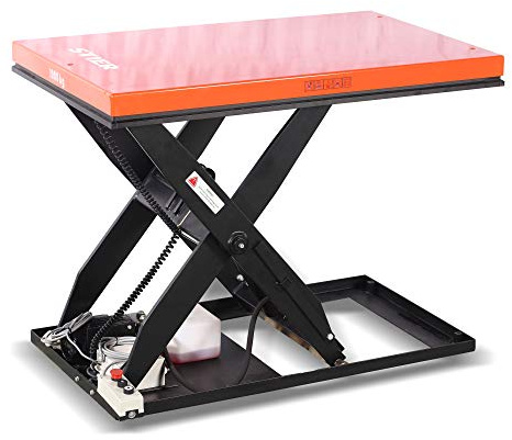 STIER Scheren-Hubtisch, 1000 kg Traglast, elektrisch, Max. Hubhöhe 1010 mm, Plattform 1300x800 mm, Orange, wartungsfreundlich, Sicherheit durch Not-Aus-Schalter