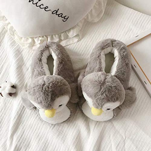 XJJ Damen Baumwollpantoffeln,Cartoon Pinguin Frauen Baumwolle Hausschuhe Winter Warm Weiche Plüsch Haus Schuhe Plüsch Spielzeug Geschenk Indoor Grau Set Fuß Baumwolle Hausschuhe