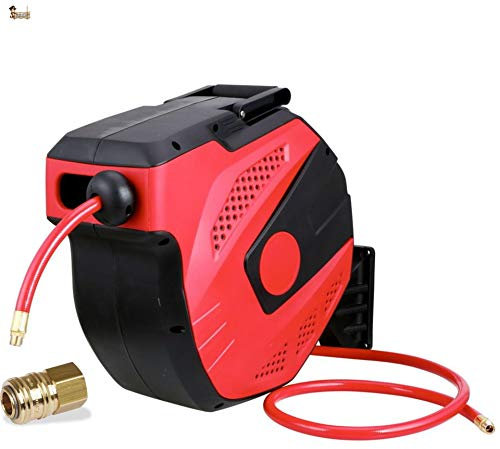 BricoLoco Enrollador automático manguera aire comprimido para compresor. Tambor 15+1 metro. Retráctil. Soporte pared permite giro a 180º. Manguera PVC flexible. Conector rápido.