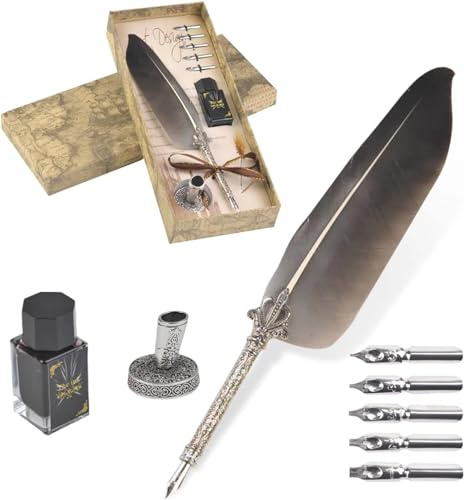 Tyenaza Stylo Dip à Plume Set, Parure Plume et Encre d'Oie Scintillante Remplacement, Socle pour Stylo de Luxe Signature Vintage pour Signatures Dessin Ecriture (Noir)
