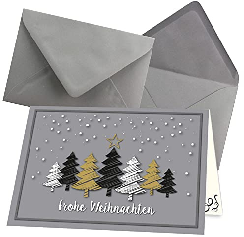100x kleines Weihnachtskarten-Set DIN A7 in Grau mit Weihnachtsbäumen in Scratch-Optik - Faltkarten mit Umschlägen DIN C7 Dunkelgrau mit Nassklebung - Weihnachtsgrüße für Firmen und Privat
