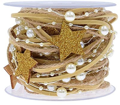 5m Perlengirlande mit Glitzer Holz Stern,8+3mm Perlenband,Geschenkband,Schleifenband,Dekoband Hängedeko Tischdeko Dekokette für Hochzeit Weihnachten Valentinstag Taufe Geburtstags Geschenke,Gold