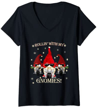 Womens Biker Christmas gnomes Biker Garden Christmas Gnome Elves V-Neck T-Shirt
