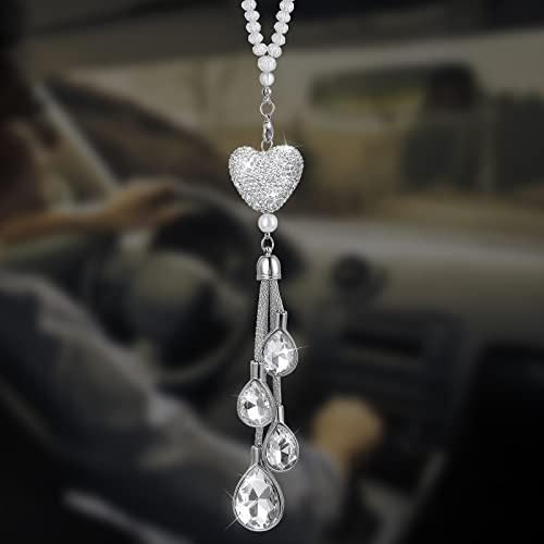 cobee Herz Diamant Auto hängende Bling Zubehör, Kristall Auto Rückspiegel Charms Auto Dekoration Lucky Decor Auto Innen Hängende Anhänger Charm Ornament Anhänger für Frauen (Weiß)