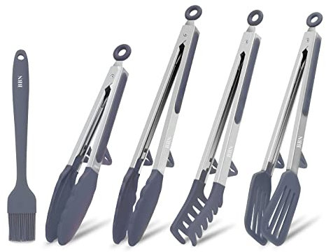 Küchenzange, BBN 5-teiliges Silikonzangen-Set, Silikonzange zum Kochen (Grau)