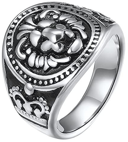 JewelryWe Löwe Ring Siegelring Herren: Silber Edelstahl Herren-Ring Retro Löwenkopf König Krone Fingerring Gothic Biker Band Bandring Punk Rock Tier Schmuck 1,8cm Breit für Männer Junge Größe 57