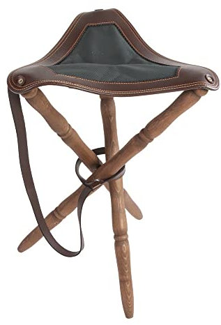 Silla de Caza trípode con Asiento en Piel de bovino y Sarga, Patas torneadas en Madera de Haya Altura 65cm