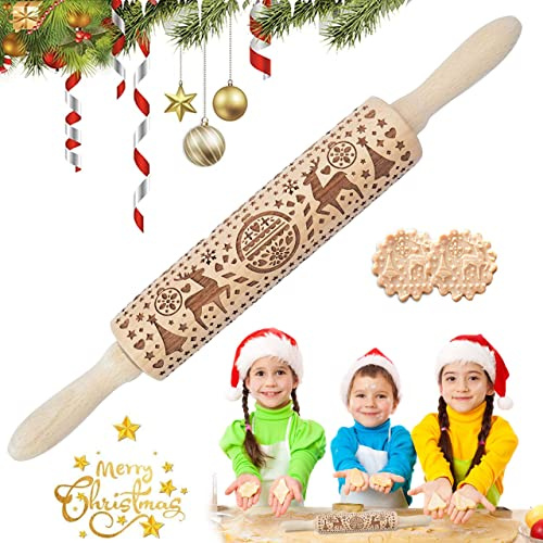 3D Holz Teigroller, Weihnachten Nudelhölzer, Geprägt Teigroller, Prägerolle Holz Teigrolle-r, 3D Präge Nudelholz, Graviertes Nudelholz, für Teig Fondant Keks Kuchen Weihnachtsthema Dekoration