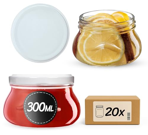 KADAX Lot de 20 bocaux en verre 300ml Ø82 – Couvercle Twist-Off hermétique TO82 – Pour confitures, conserves, cornichons, miel & fermentation