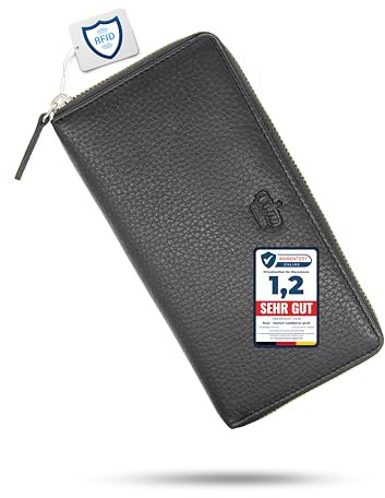 Baur Damen Geldbörse Echt Leder Geldtasche | Geldbeutel mit RFID Schutz | Großes Portemonnaie viele Kartenfächer | Wallet mit Rundum-Reißverschluss | Portmonee | Damen-Geldbörsen (Schwarz)
