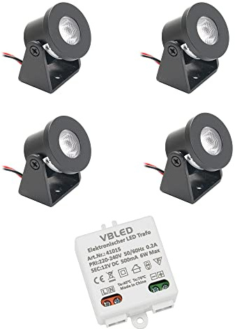 VBLED 4er Set 1W Mini Aufbau-Strahler Rotier- & Schwenkbar 80lm warmweiß mit 6W 12VDC Netzteil