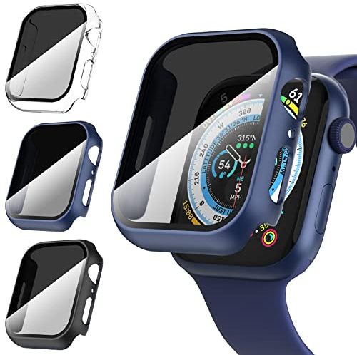 Diruite 3-Stück Hülle für Apple Watch SE 3/2/1 /Series 6 5 4 44mm Schutzhülle Anti Spy,Hard PC Rundum Ultradünne Schutz Case Privatsphäre Glas Displayschutz,Schwarz&Transparent&Blau,44mm