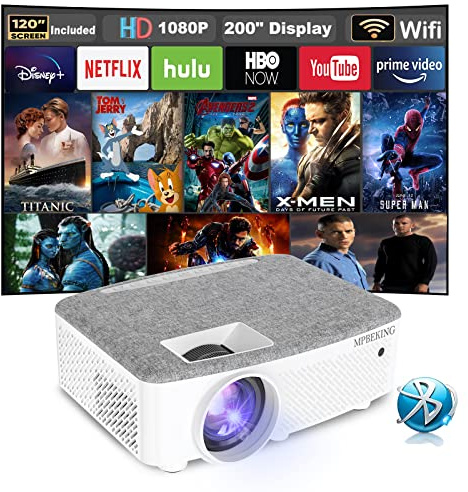 1080P 4K Smart Beamer 7500 Lumen inkl.120-Zoll-Leinwand,WLAN BT Autofokus | Dualband-WLAN,Bluetooth,automatische Trapezkorrektur,passend für Schlafzimmer & Heim-Filmabende