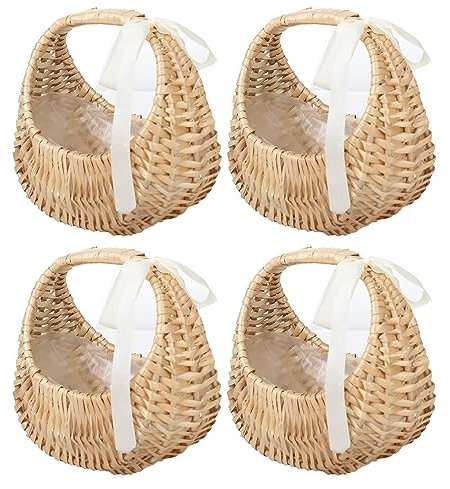 MODUDY 4er-Pack Blumenmädchenkörbe mit Weißem Band, Rustikaler Hochzeitskorb, Halbmondförmiger Weidenkorb, Weiden-Rattan-Korb, Handgewebter Weidenkorb für Hochzeitsbankett, Party(weißes Band)