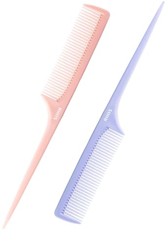 RHOS Rat Tail Comb for Parting, Fine Tooth Teasing Comb with Pick, 2 Pack Hair Styling Combs Set for Women and Men, Pink & Purple, Plastic, Unisex