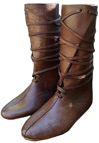 Siulas Mittelalterliche PU-Leder-Ritterstiefel - Renaissance Wikinger-Kniestiefel Lederschuhe - Renaissance Cosplay Schnürschuhe mit flachem Boden für Cosplay Karnevalsparty,Braun,39