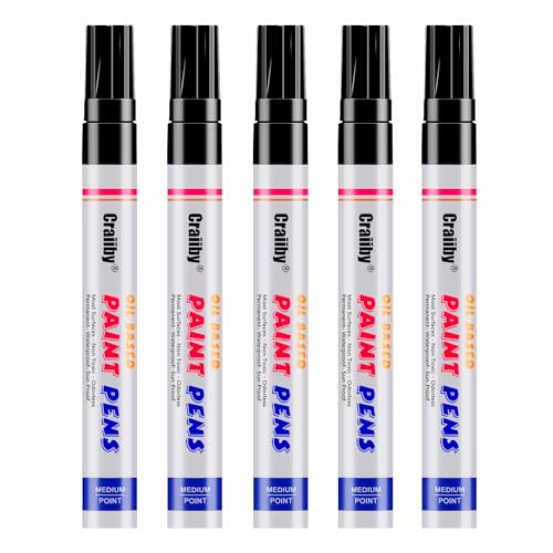Black Paint Markers, 5 Pack Oil-Based Waterproof Quick Dry Permanent Paint Pen Set for Rocks Painting, Wood, Fabric, Plastic, Canvas, Glass, Mugs, Metal, Tire, Stone, DIY Craft