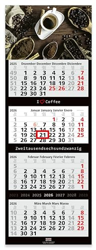 Calendario de pared 2025 de 4 meses, formato grande, 33 x 90 cm, con atractivo diseño de imagen Geiger-Office (COFFEE 2)