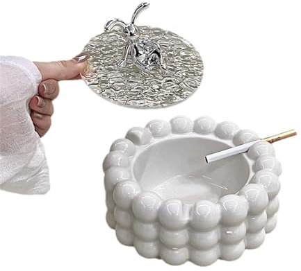 PTATT Tabletop Ceramic Light Luxury Ashtray With Lid for Cigarettes,Home Office Interior Decoration, Provide Ashtray for Smokers,Wind Proof,Anti-skid Table Top Ashtr White