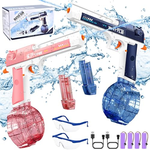 JONRRYIN Pistola ad Acqua Elettrica, 2 Pezzi Pistola ad Acqua Potente 7-9M a Lungo Raggio 434CC+58CC Grande Capacità, Giocattolo Blaster per Bambini Adulti in Piscina, Aperto, Spiaggia, Giardino