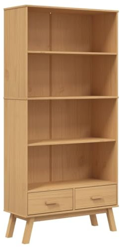 vidaXL Bücherregal, Bücherschrank mit 4 Fächern 2 Schubladen, Büroschrank mit Holzgriffen Holzbeinen, Büroregal Standregal, Braun Massivholz Kiefer