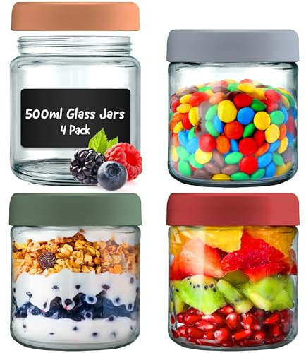 Overnight Oats Jar - 4 Pack 16oz / 500ml Vasos Yogurtera Con Tapa, Etiquetas Negras y Bolígrafo - Tarros Herméticos Reutilizables para Yogur, Salsas y Almacenamiento de Comida para Bebés