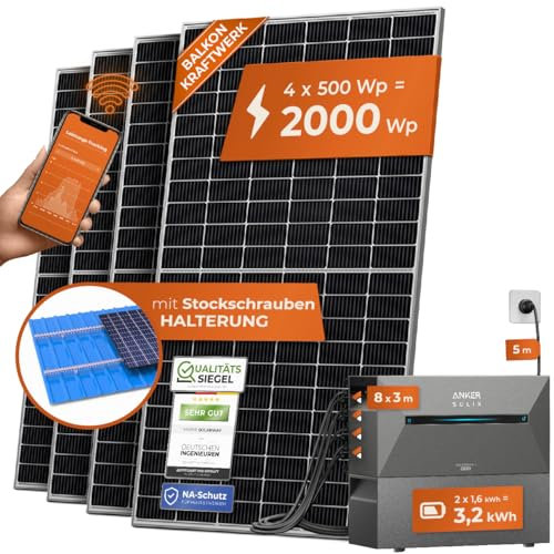 Solarway® All In One Balkonkraftwerk mit Speicher 2000W komplett Steckdose - 3,2 kWh Anker Solix 2 PRO Speicher - Solaranlage Komplettset - 500W Solarmodule & Anker Speicher & Zubehör