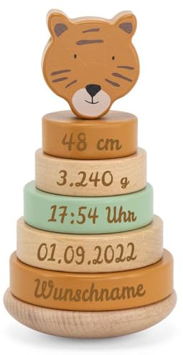Elefantasie Personalisierter Stapelturm aus Holz von Trixie mit Namen und Geburtsdaten graviert Geburtsgeschenk Tiger