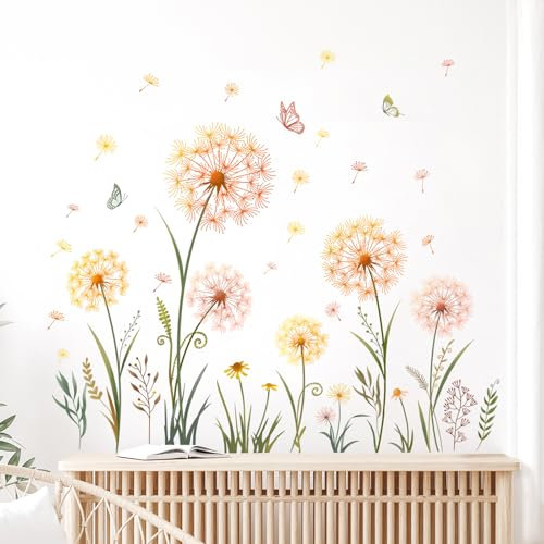 Tanlaby Dente di Leone Giallo Adesivi da Parete Floreali Stickers Murali Piante Farfalle Adesivi Murali Removibili Per Camera da Letto Soggiorno Corridoio Divano TV Decorazione Parete