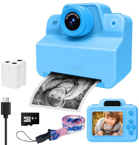 Appareil Photo Instantané Enfant, 2.4 Grand Écran Appareils Photos Numériques pour Enfants avec Papier Photo Imprimé, HD 1080P Vidéo Caméra Enfant de 3 à 12 Ans, Cadeau Jouet Filles Garçons (Bleu)